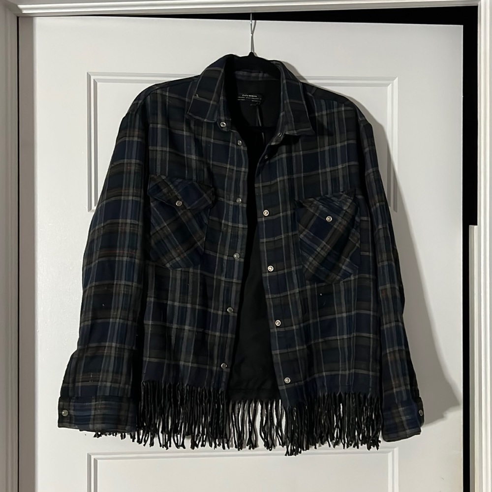 ZARA OVERSIZED PLAID SHACKET WITH FRINGE DETAILING